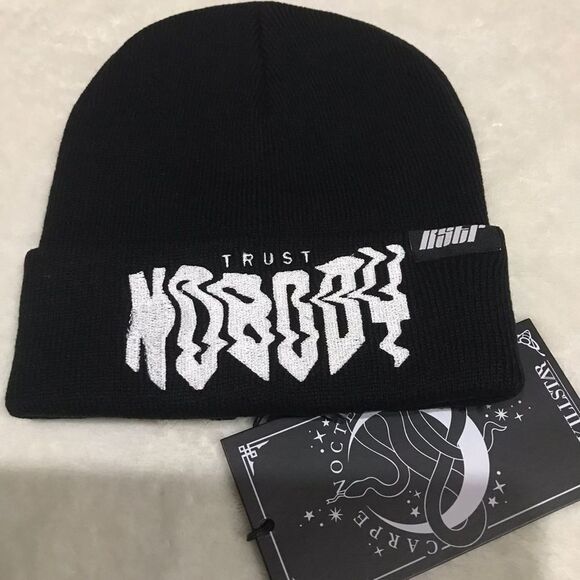 Killstar Trust Nobody Beanie – Black Acrylic Knit, White Embroidery, Unisex Hat - Picture 2 of 4